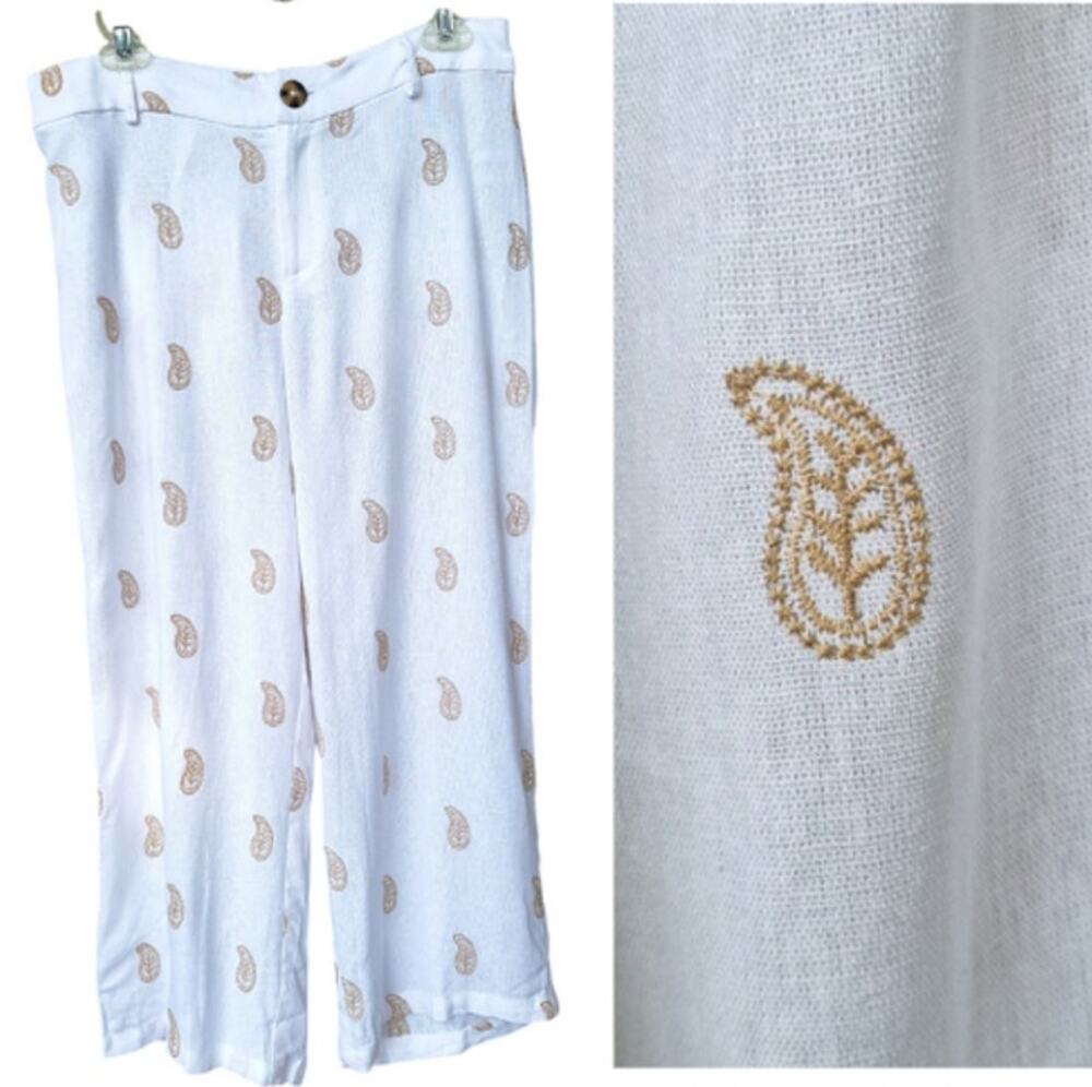 CALIGRAPHIE Anthropology Linen Blend Crop High Waist White Gold Leaf Pants Sz 10